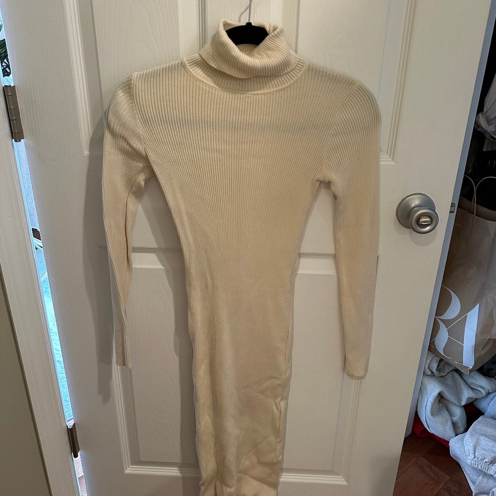 Cream Turtleneck Ribbed Midi Dress- XS